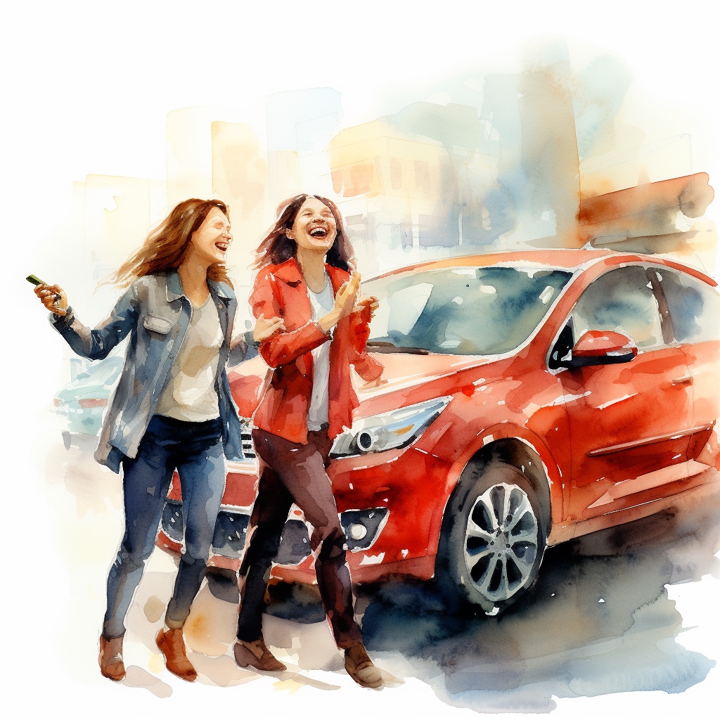 Vrouwen bij een glimmende rode auto met sleutels in de hand